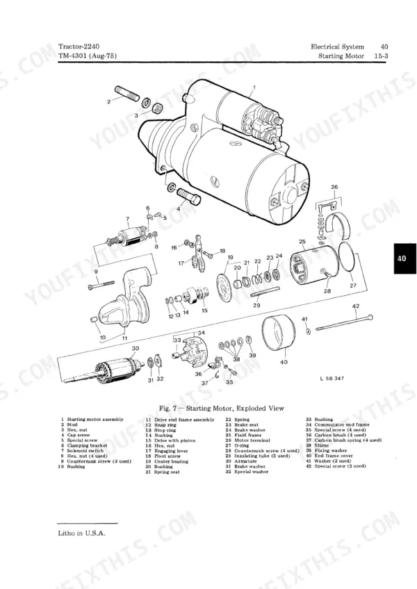 john-deere-2240-tractor-technical-manual-tm4301-exploded-view-123.webp John Deere 2240 exploded view diagram of the starting motor assembly with numbered parts list for electrical system repair.