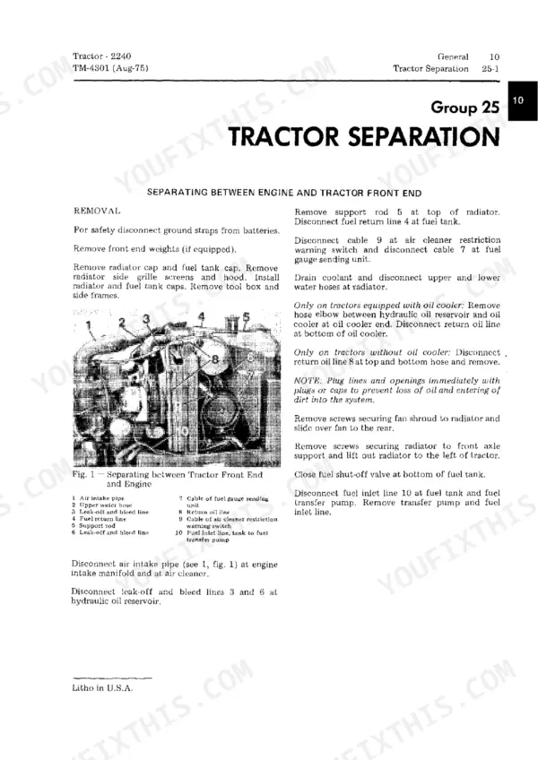 John Deere 2240 tractor separation procedure, including engine and front end removal steps and component identification diagram.