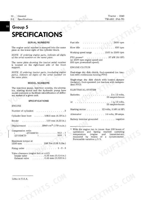 John Deere 2240 technical manual page showing engine, clutch, and electrical system specifications and serial number locations.