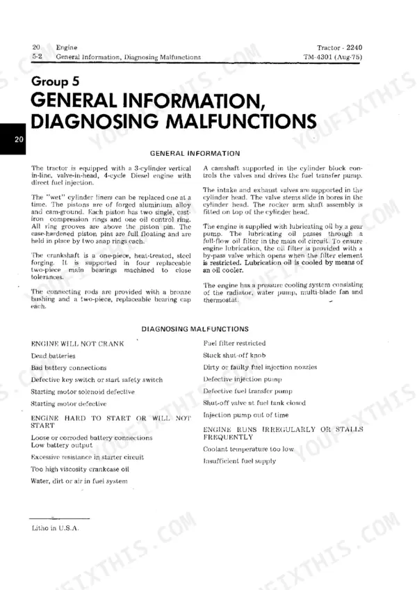 John Deere 2240 engine general information and troubleshooting guide for starting, stalling, and running malfunctions.