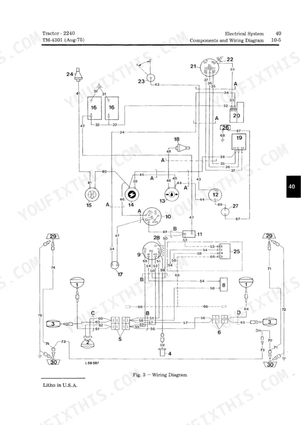 John Deere 2240 electrical system wiring diagram showing ignition switch, alternator, lighting, and instrument components.