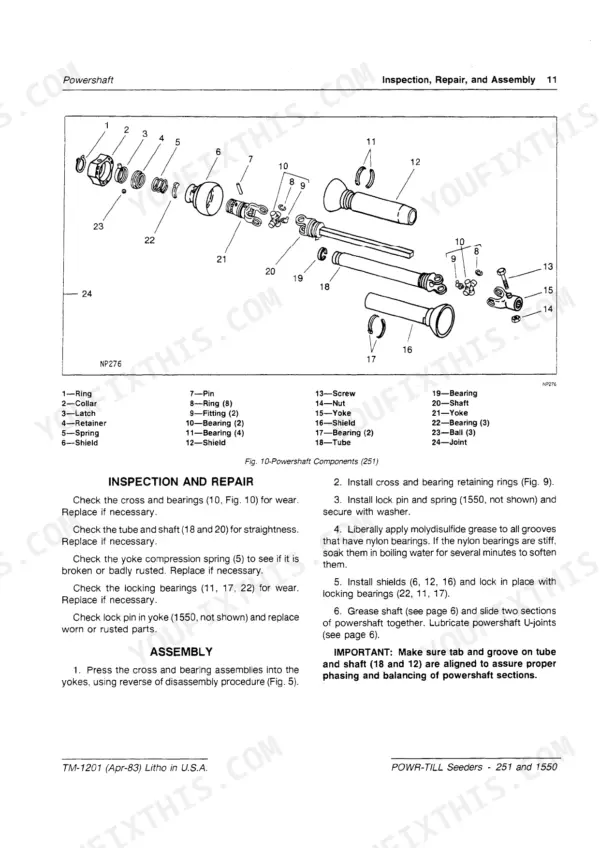john-deere-251-1550-powr-till-seeder-technical-manual-tm1201-exploded-view-13.webp John Deere 251, 1550 powershaft exploded view diagram, parts list, and inspection, repair, and assembly procedures.