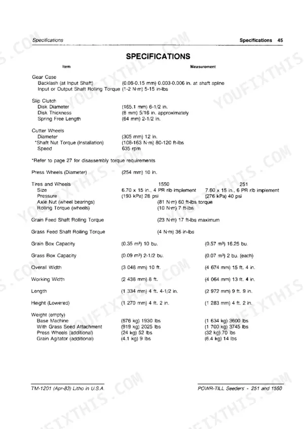 John Deere 251, 1550 technical manual specifications table for gear case, slip clutch, cutter wheels, tires, and machine dimensions.