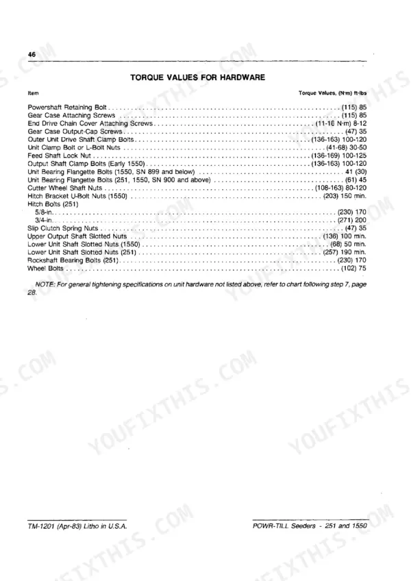 John Deere 251, 1550 torque values table for hardware including gear case, drive shaft, hitch, and wheel bolts.