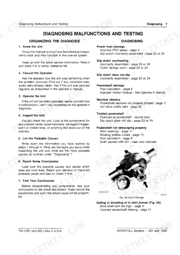 John Deere 251, 1550 troubleshooting guide for powershaft malfunctions, including U-joint damage diagram and diagnostic steps.