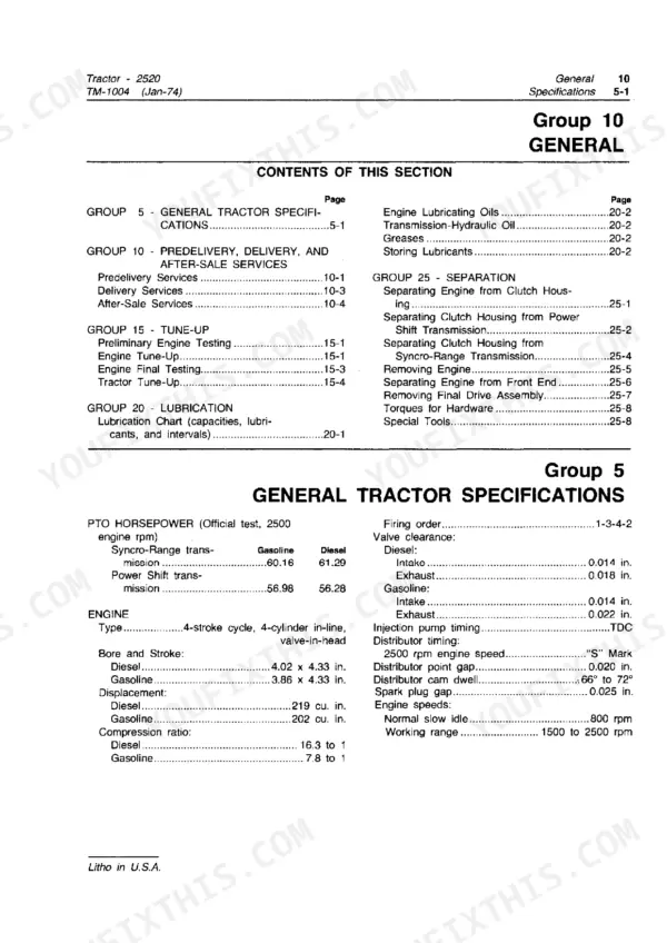 John Deere 2520 technical manual table of contents and general tractor specifications for gasoline and diesel engine models.