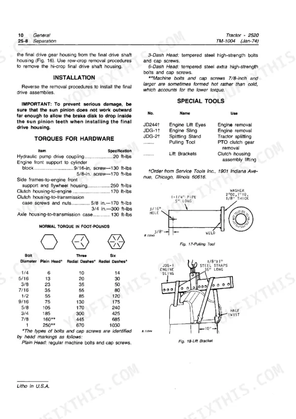 John Deere 2520 service manual page showing torque specifications for hardware, special tools list, and diagrams for pulling tools.