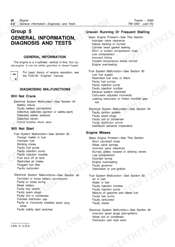 John Deere 2520 engine troubleshooting guide for starting, stalling, and missing issues including fuel and electrical system faults.