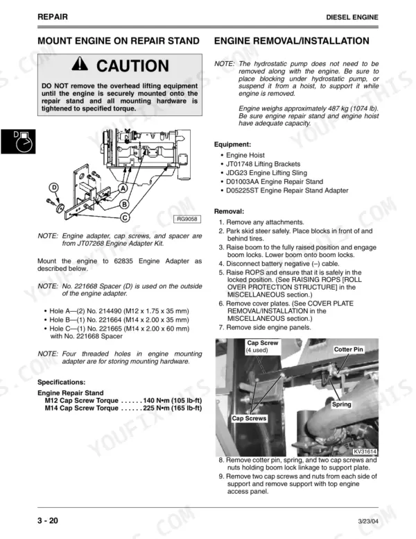 John Deere 280 diesel engine removal, installation, and repair stand mounting procedures with torque specifications and diagrams.