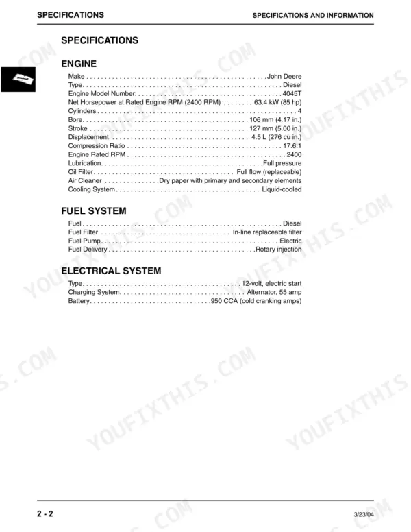 John Deere 280 technical manual specifications table for 4045T engine, fuel system, and electrical system components.