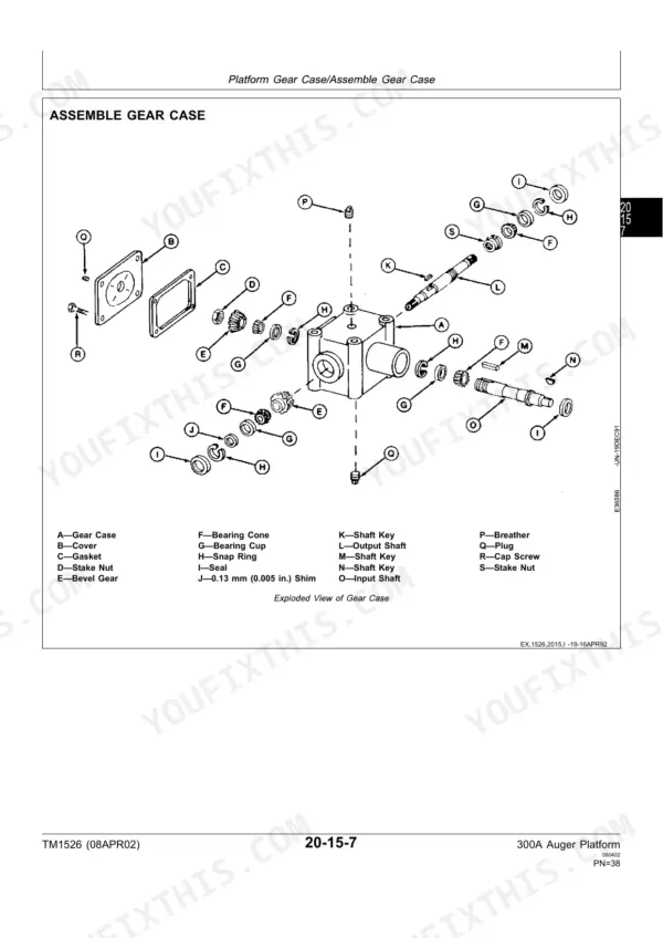 john-deere-300a-300-auger-platform-technical-manual-tm1526-exploded-view-43.webp John Deere 300A Auger Platform exploded view diagram of the platform gear case assembly components.