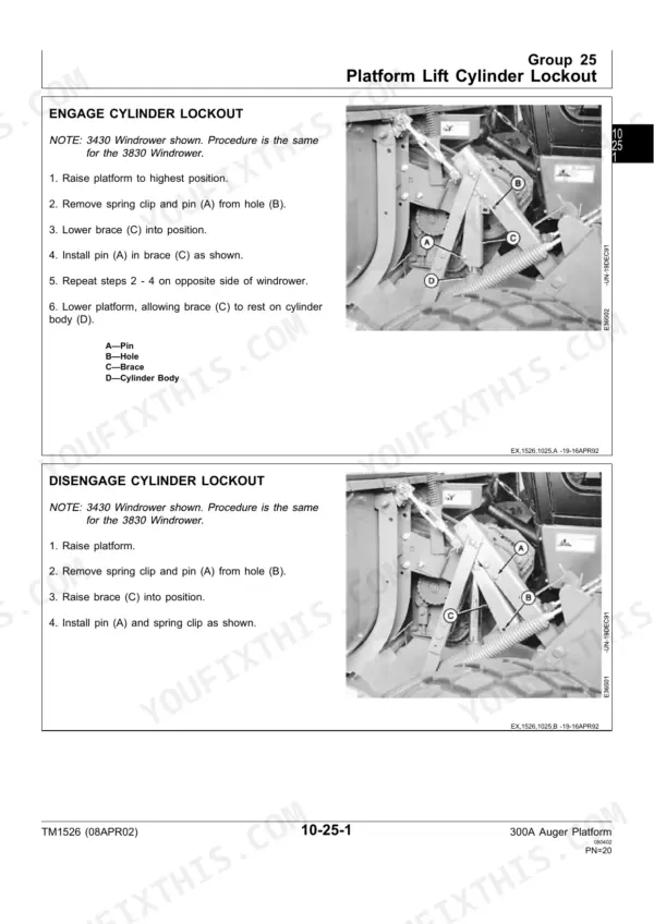 John Deere 300A Auger Platform: Procedures to engage and disengage platform lift cylinder lockout.