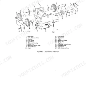 John Deere 3010, 3000 engine balancer exploded view diagram showing housing, gears, shafts, and oil pump intake screen assembly.