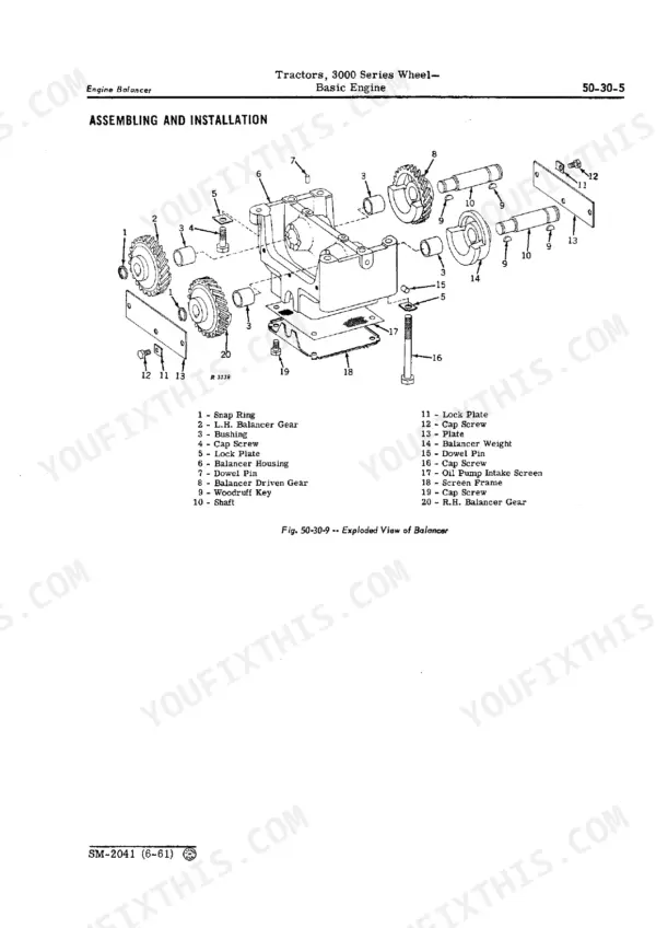 john-deere-3010-wheel-tractor-service-manual-exploded-view-119.webp John Deere 3010, 3000 engine balancer exploded view diagram showing housing, gears, shafts, and oil pump intake screen assembly.