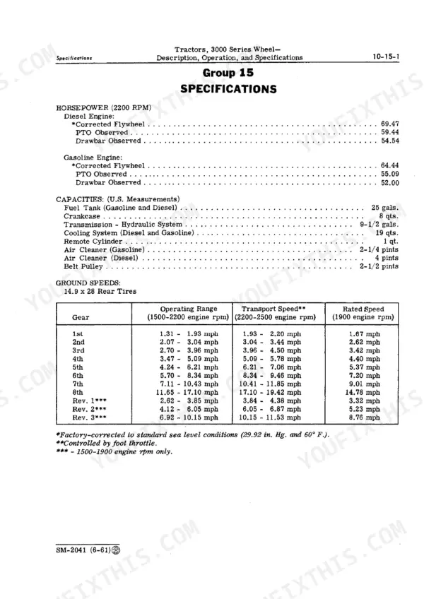 John Deere 3010, 3000 specifications page showing engine horsepower, fluid capacities, and ground speed gear tables.