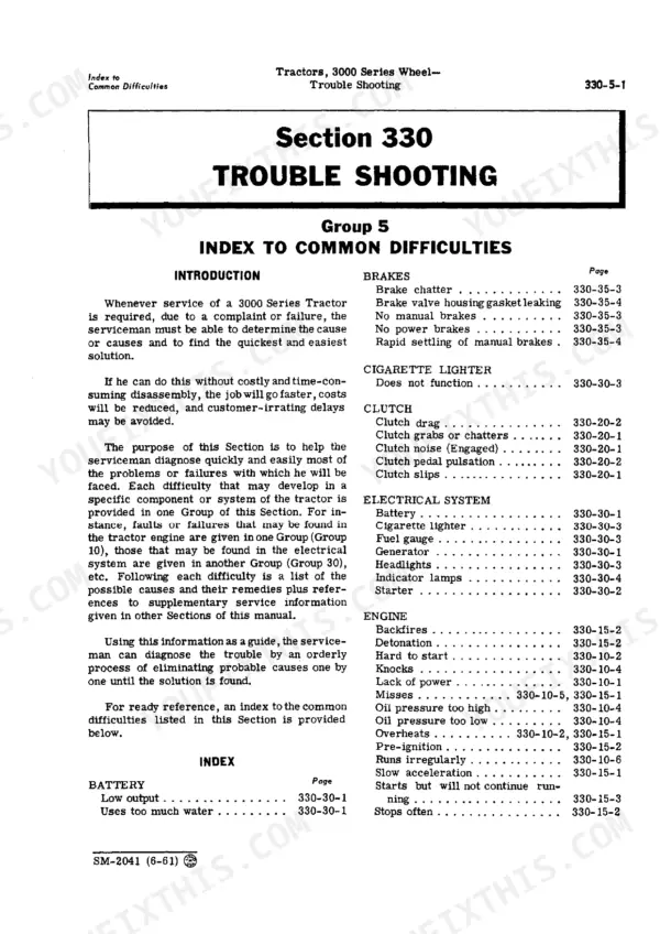 John Deere 3010, 3000 service manual troubleshooting index page listing common difficulties for brakes, clutch, and engine.