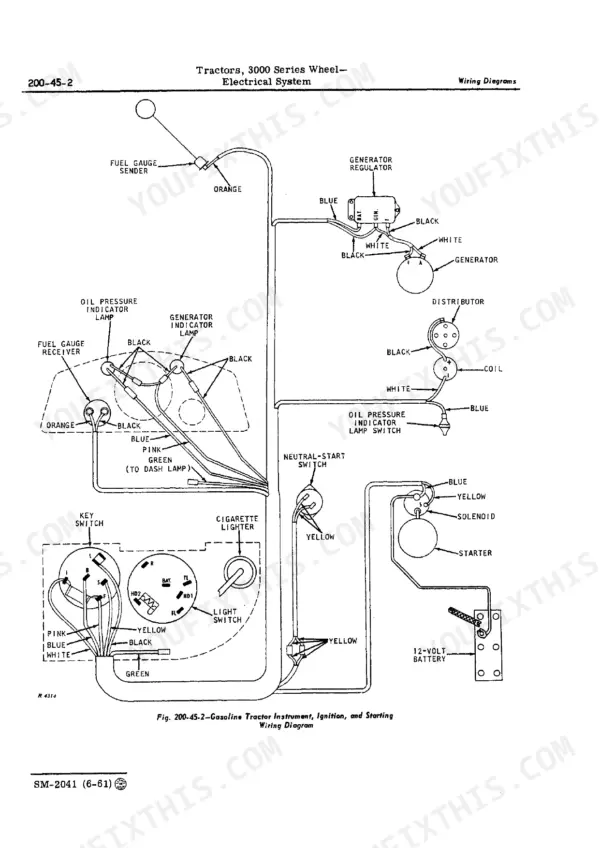 John Deere 3010, 3000 gasoline tractor instrument, ignition, and starting system wiring diagram.