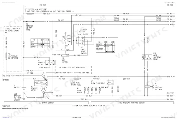 John Deere 317, 320, CT322 electrical wiring diagram for start, glow plug, and fuel shut-off solenoid circuits.