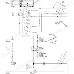 John Deere 318D, 320D wiring diagram showing key switch functional schematic, battery relay K14, and fusible links F21, F22.