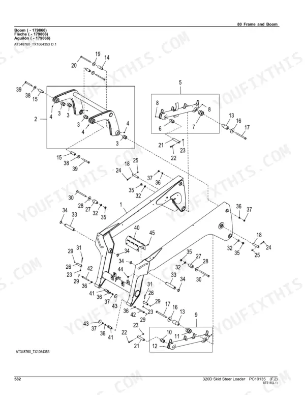John Deere 320D Skid Steer exploded view diagram of the boom assembly, including pivot pins, bushings, and hardware.