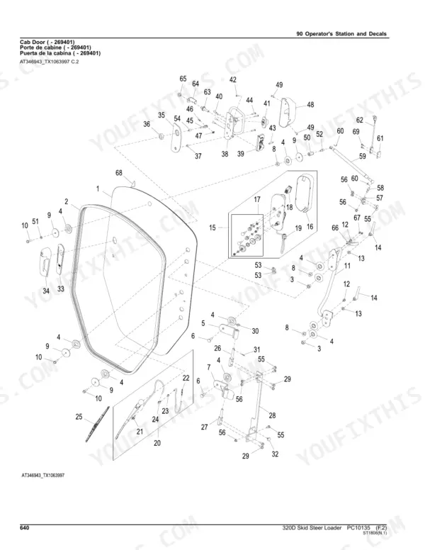 John Deere 320D Skid Steer exploded view diagram of cab door components, latch assembly, and wiper system parts.