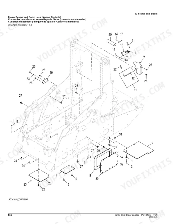 John Deere 320D Skid Steer exploded view of frame covers and boom lock manual controls components.