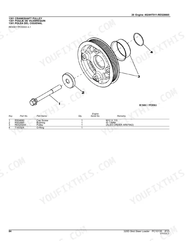 John Deere 320D Skid Steer exploded view diagram and parts list for the engine crankshaft pulley assembly.