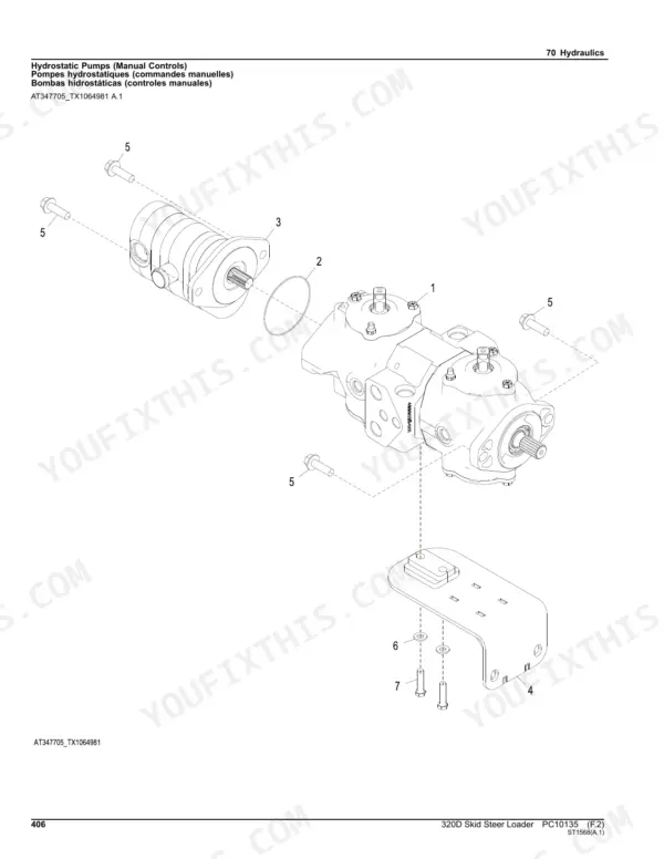 John Deere 320D Skid Steer exploded view diagram of hydrostatic pumps with manual controls and mounting hardware.