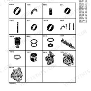 John Deere 320D Skid Steer engine 4024HT011 sectional pictorial index showing engine components, pistons, and camshaft.