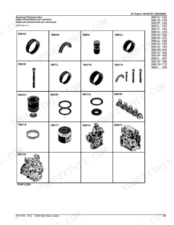 john-deere-320d-skid-steer-loader-parts-catalog-pc10135-page-81.webp John Deere 320D Skid Steer engine 4024HT011 sectional pictorial index showing engine components, pistons, and camshaft.