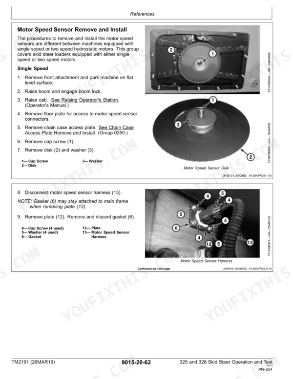 John Deere 325, 328 motor speed sensor removal and installation procedure with component diagrams and harness details.