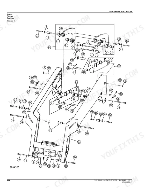 John Deere 325, 328 exploded view diagram of the boom frame assembly, showing pins, bushings, and hardware components.
