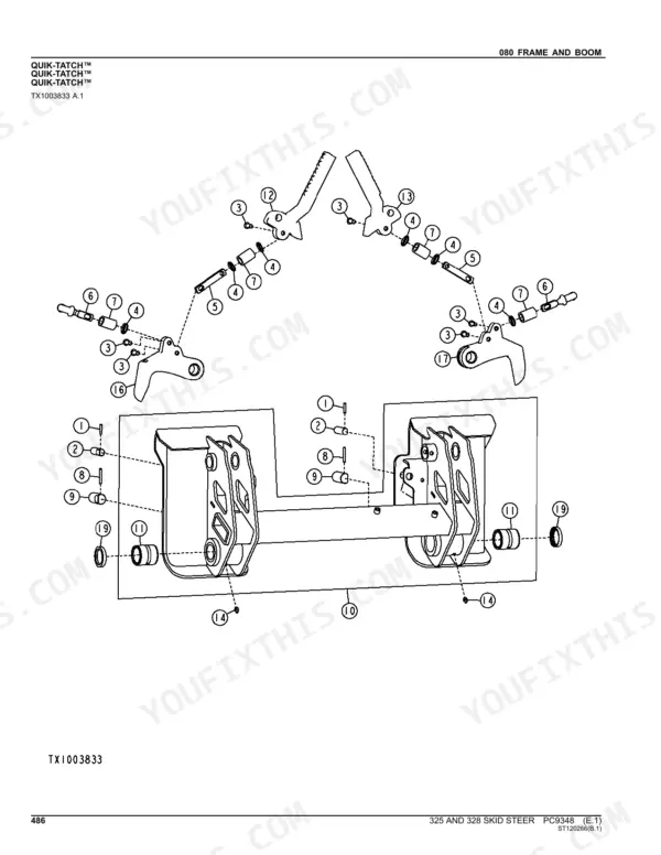 John Deere 325, 328 exploded view diagram of Quik-Tatch frame and boom attachment components with numbered parts list references.