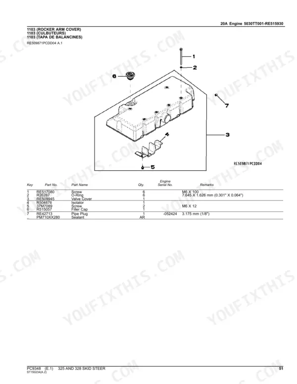 john-deere-325-328-skid-steer-parts-catalog-pc9348-engine-parts-51.webp John Deere 325, 328 exploded view diagram of the engine rocker arm cover, filler cap, and associated hardware parts list.