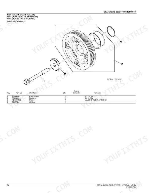John Deere 325, 328 exploded view diagram of the engine crankshaft pulley, bushing, cap screw, and O-ring parts list.
