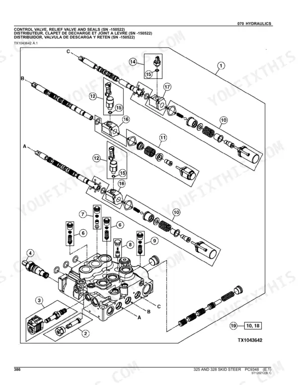 John Deere 325, 328 exploded view of hydraulic control valve, relief valve, and seals for serial numbers up to 150522.