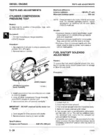 john-deere-3375-skid-steer-loader-technical-manual-tm1565-procedures-43.webp John Deere 3375 diesel engine cylinder compression test procedure and fuel shutoff solenoid adjustment guide with diagrams.