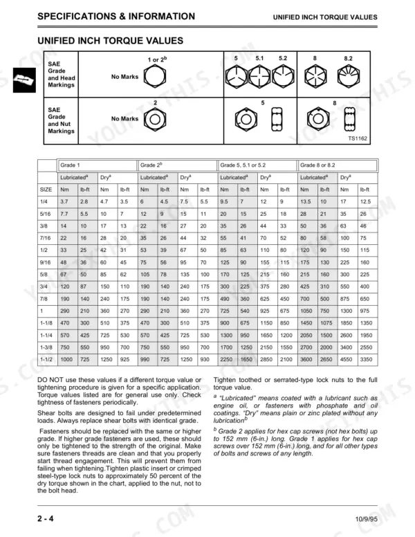 John Deere 3375 unified inch torque values table showing bolt head markings and dry or lubricated torque specifications.