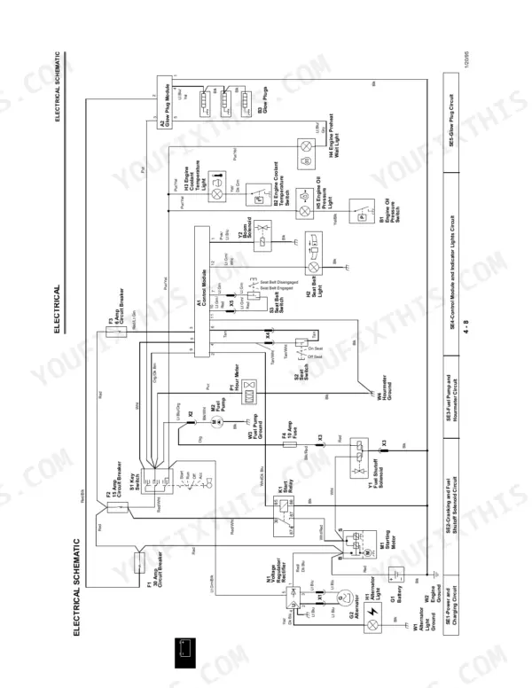 john-deere-3375-skid-steer-loader-technical-manual-tm1565-wiring-138.webp John Deere 3375 electrical schematic showing glow plug, fuel pump, starting motor, and control module wiring circuits.