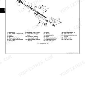 John Deere 3940, 3950, 3960, 3970 PTO hookup exploded view showing recirculating ball slip, shields, and universal joint components.