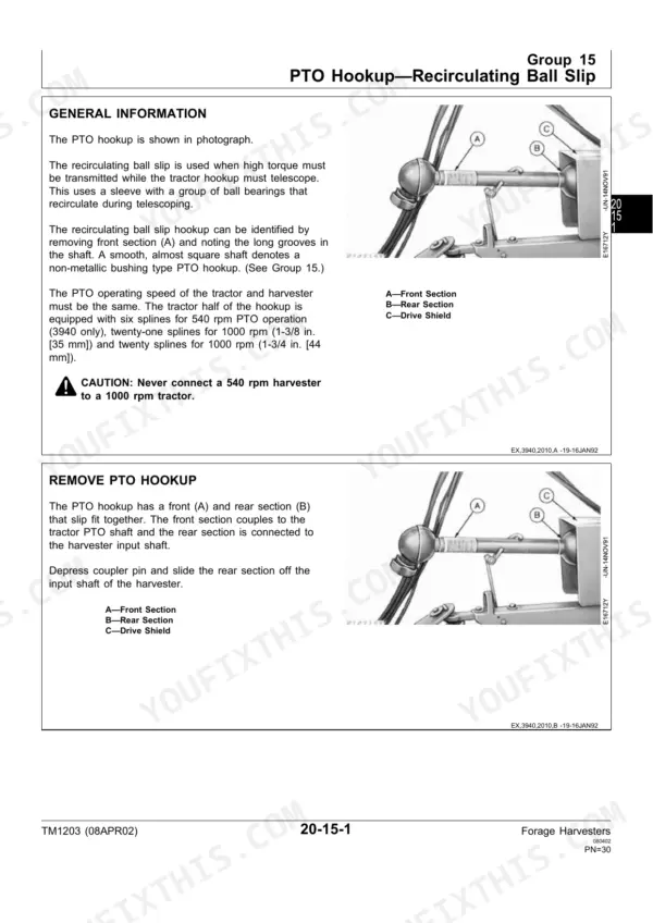 John Deere 3940, 3950, 3960, 3970 PTO hookup recirculating ball slip diagram, general information, and removal procedure.
