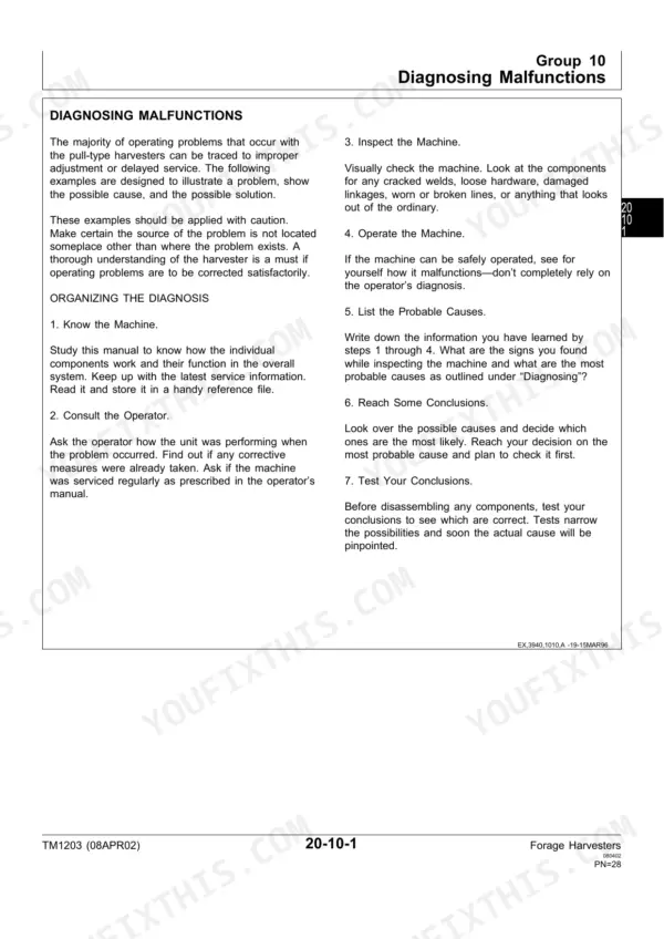 John Deere 3940, 3950, 3960, 3970 technical manual page detailing the seven-step procedure for diagnosing harvester malfunctions.