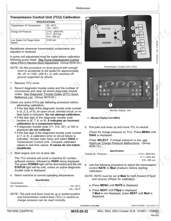 John Deere 450J, 550J, 650J Transmission Control Unit (TCU) calibration procedure, specifications, and monitor display unit diagrams.