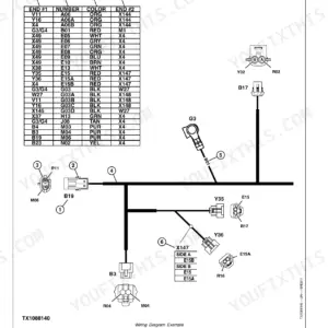 John Deere 450J, 550J, 650J wiring diagram showing electrical harness connections, component identifiers, and wire color code table.