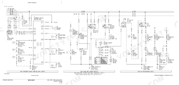 John Deere 450J, 550J, 650J wiring diagram for standard display monitor, winch, heater, and air conditioning circuits.