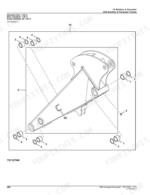 John Deere 50G exploded view diagram of the 1.38m standard arm, showing bushings, seals, and frame components.
