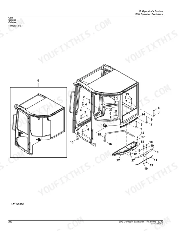 John Deere 50G exploded view diagram of the operator station cab enclosure and mounting hardware components.