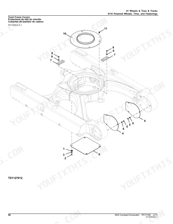 John Deere 50G exploded view diagram of track frame covers, mounting plates, and hardware components.