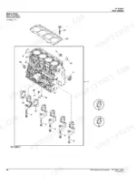 john-deere-50g-compact-excavator-parts-catalog-pc11192-engine-parts-82.webp John Deere 50G engine block exploded view showing cylinder block, main bearings, caps, bolts, and head gasket components.