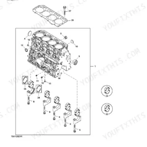 John Deere 50G engine block exploded view showing cylinder block, main bearings, caps, bolts, and head gasket components.